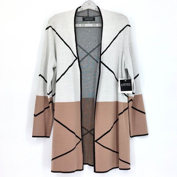 Kasper Long Line Cardigan Sz L Brown Colorblock Duster Sweater Light Academia - Picture 1 of 6